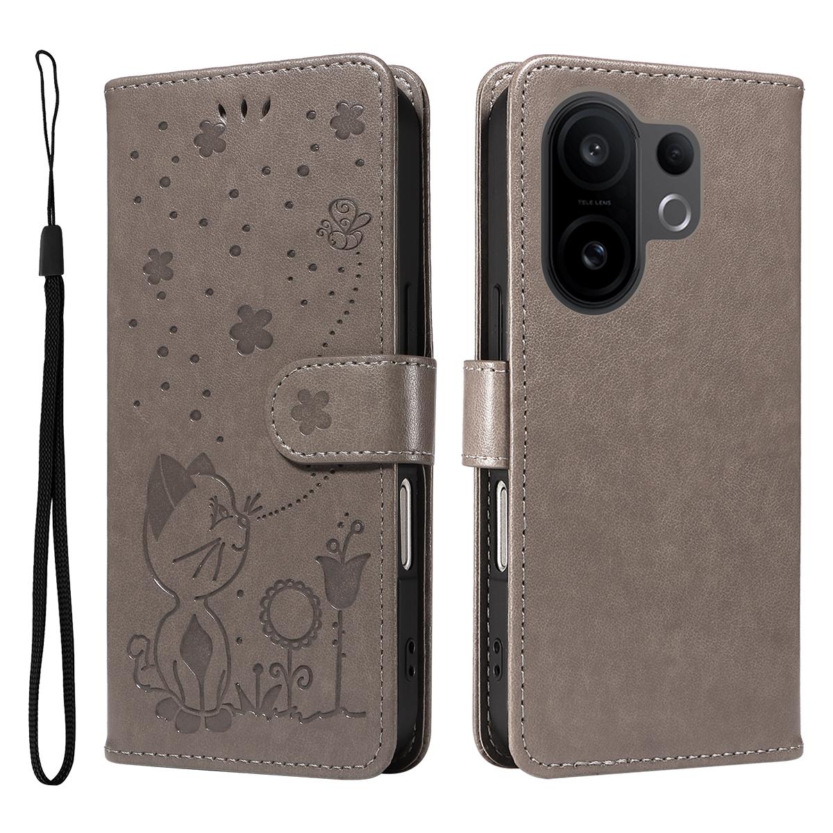 

For vivo X200 FE 5G/vivo S30 Pro mini 5G Leather Wallet Case Cat Bee Pattern Phone Cover Stand Grey