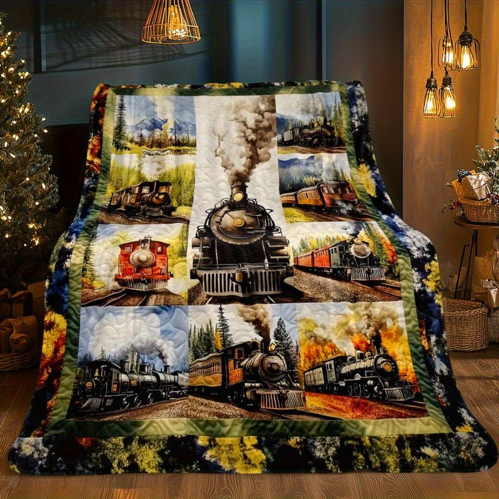 Train Blanket Vintage Locomotive Art Soft Fleece Throw Gift Home Decor Railroad Theme