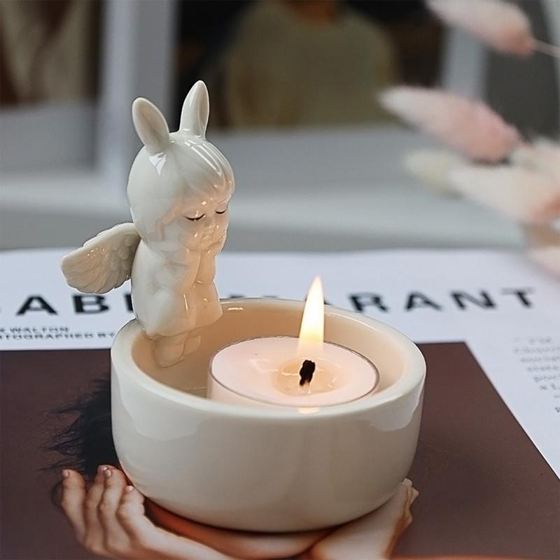 Tealight Holders Ornaments Ceramic Romantic Angel Modeling Candle Holder Tea Light Holders Creative Resin Sculpture Candle Stick