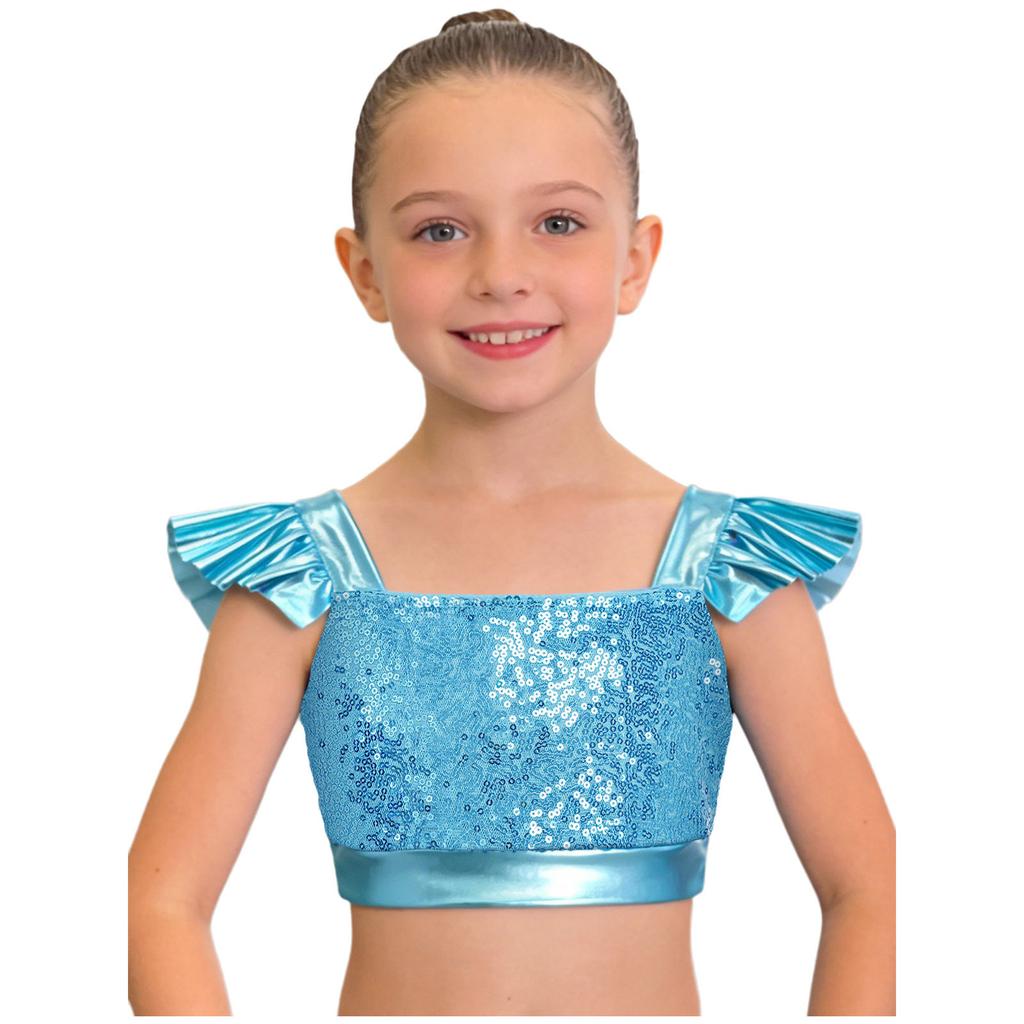 Dětské dívčí topy na jazzový tanec Čtvercový výstřih Volánkové rukávy Třpytivý flitrovaný metalický crop top