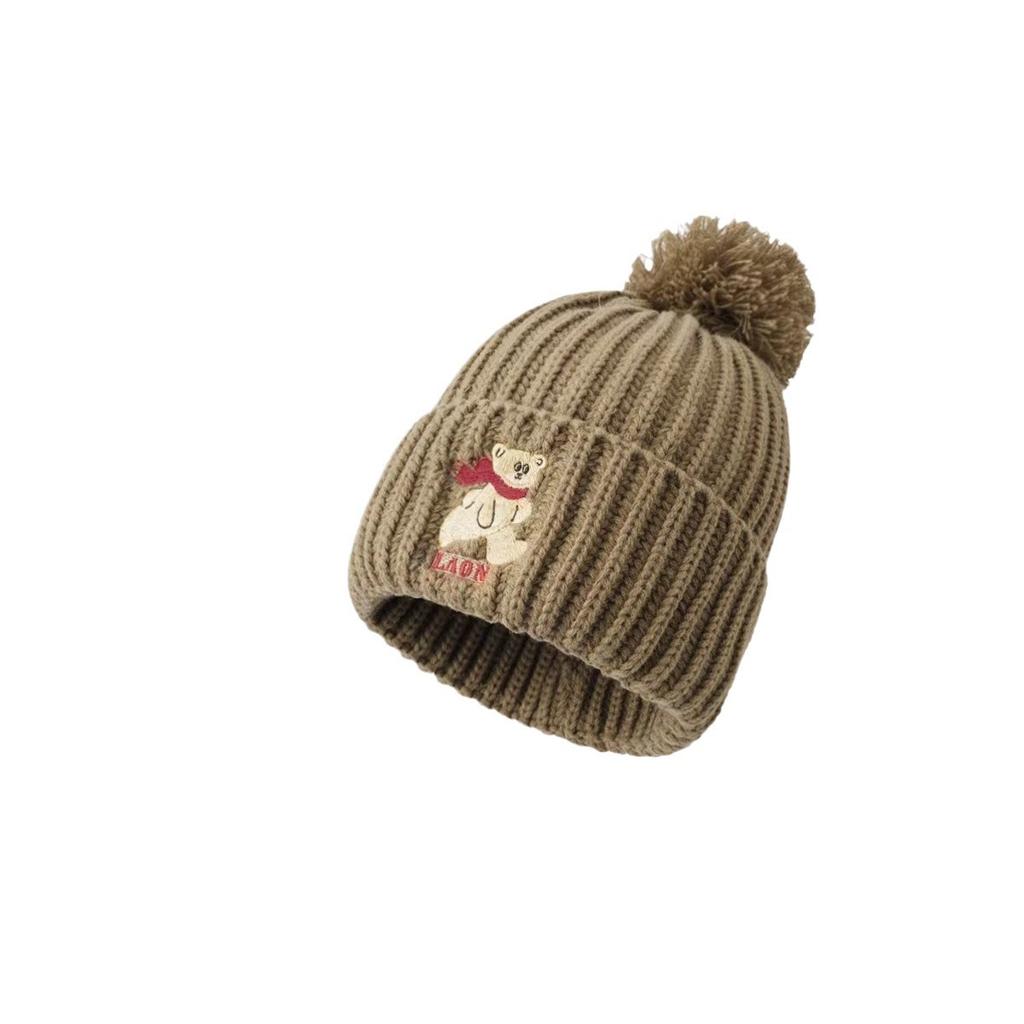 Cute Bear Embroidered Knitted Wool Hat for Children To Keep Warm In Winter, Thickened Ear Protectors, Hairball Cold Hat To Show Small Face