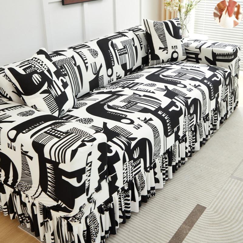 High Elastic Stretchable Easy Fit Universal Furniture Protector Printed Sofa Slipcover Couch Cover with Skirt Durable Washable