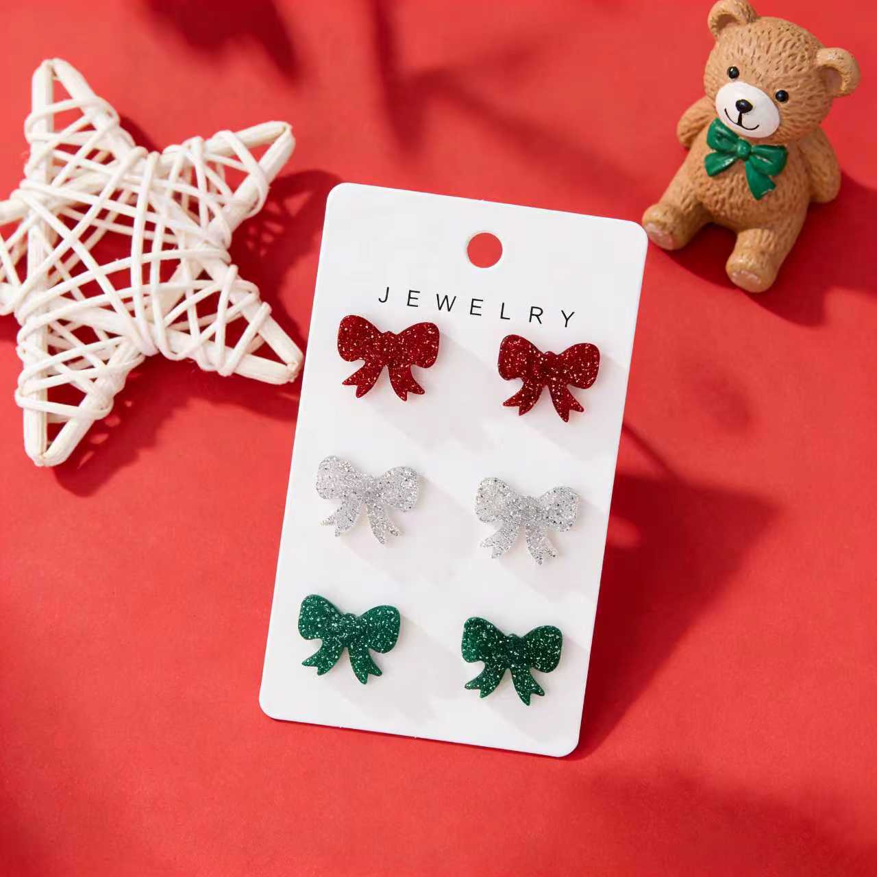 Cross-border hot-selling color bow stud earrings three-piece set 2D acrylic small and exquisite fashion versatile earrings set
