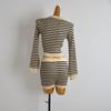 Set Color Matching Stripe Lapel Pullover Knit Skirt Women clothes Slim fit Slimming Sheath Two piece skirt