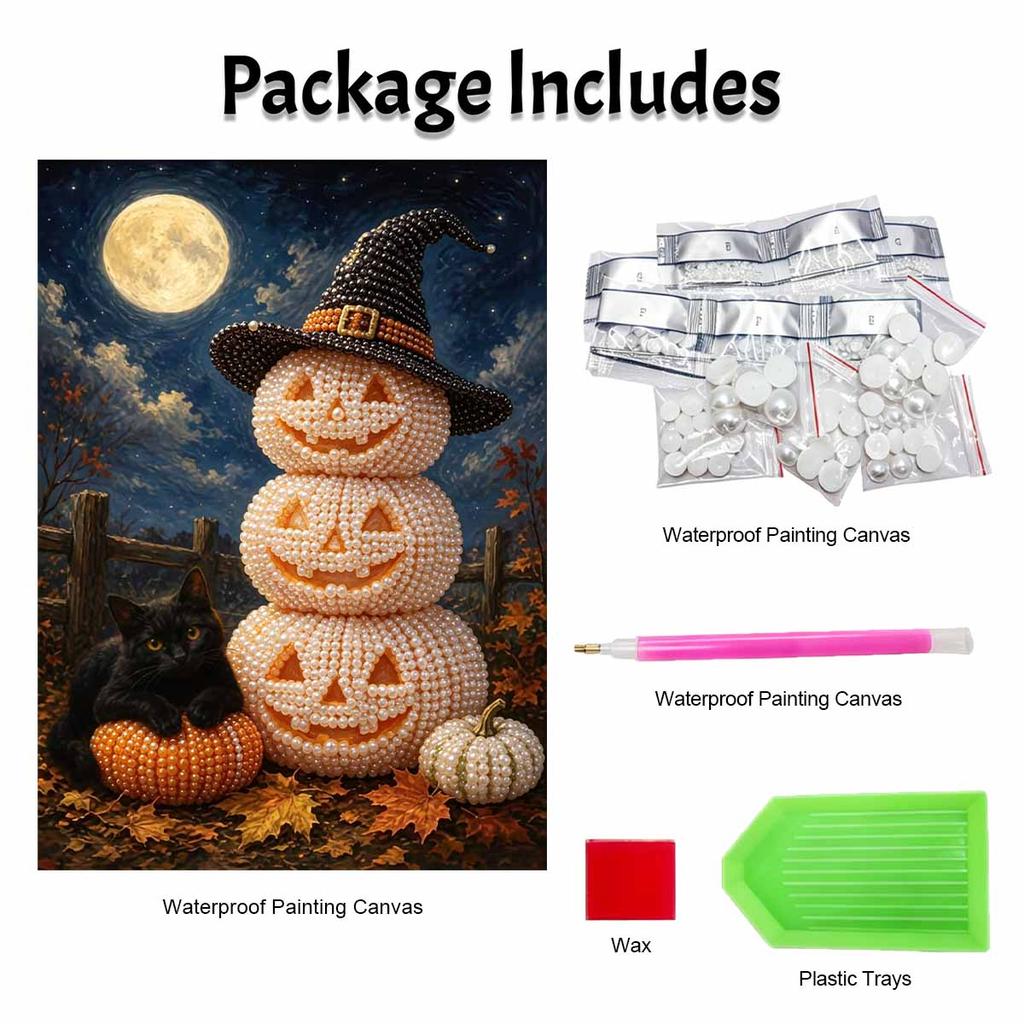 DIY Pearl Bead Art Canvas Witch Pumpkin Cat Pattern Frameless 3D Painting Kit for Bedroom Living Room Home Wall Decor Art
