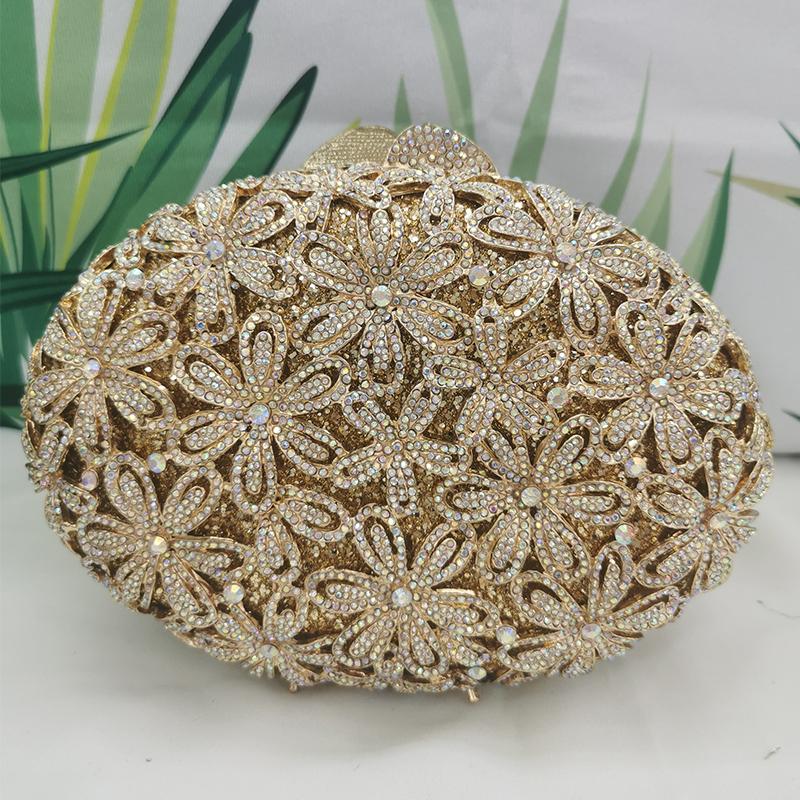 

White Rhinestone Evening Clutches Hollow Out Crystal Flower Gold Wedding Party Diamond Purses Female Lady Dinner Banquet Bags 18.5cmX13cmX6cm