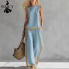 Women's Fashion Casual Summer Spring Colour Block Print Sleeveless O-Neck Trousers Pants Suits