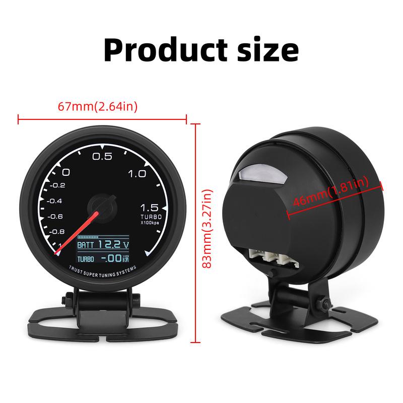 Digital 62mm Turbo Boost Gauge with Sensor 7 Color LED -1~2X100Kpa Turbo Meter Holder Bracket for Gasoline Racing Car 12V