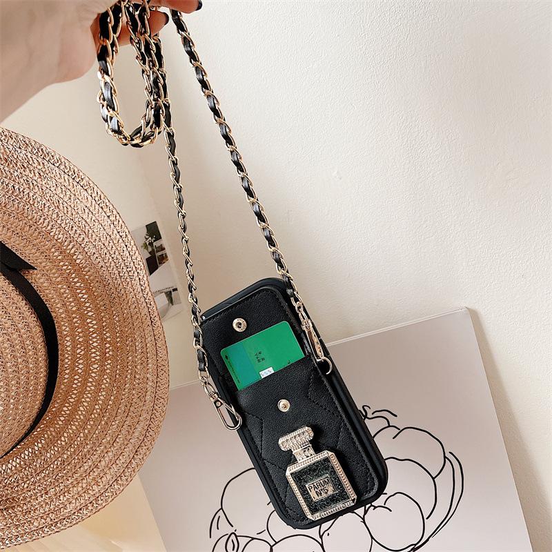Luxury silicone perfume holder case with oblique chain for Apple 14 Promax, 13, 12, 11 soft full package card holder.