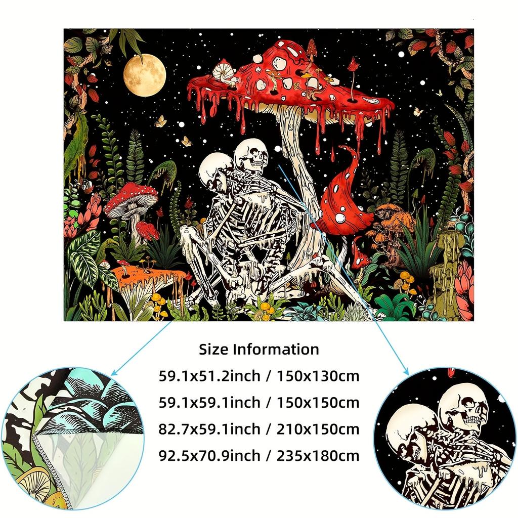 Whimsical Skeletons and Mushrooms Tapestry Perfect for Eclectic Decor Vibrant Wall Hanging Adds Charm
