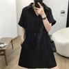 Plus Size Casual Polo Collar Dress Women Summer Drawstring Slimming Midi A- Line Shirt Dress Street Style Pure Color Printed