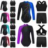 Girls Gymnastics Dance Set Mock Neck Long Sleeve Keyhole Back Color Block Leotard Cross Back Vest Shorts