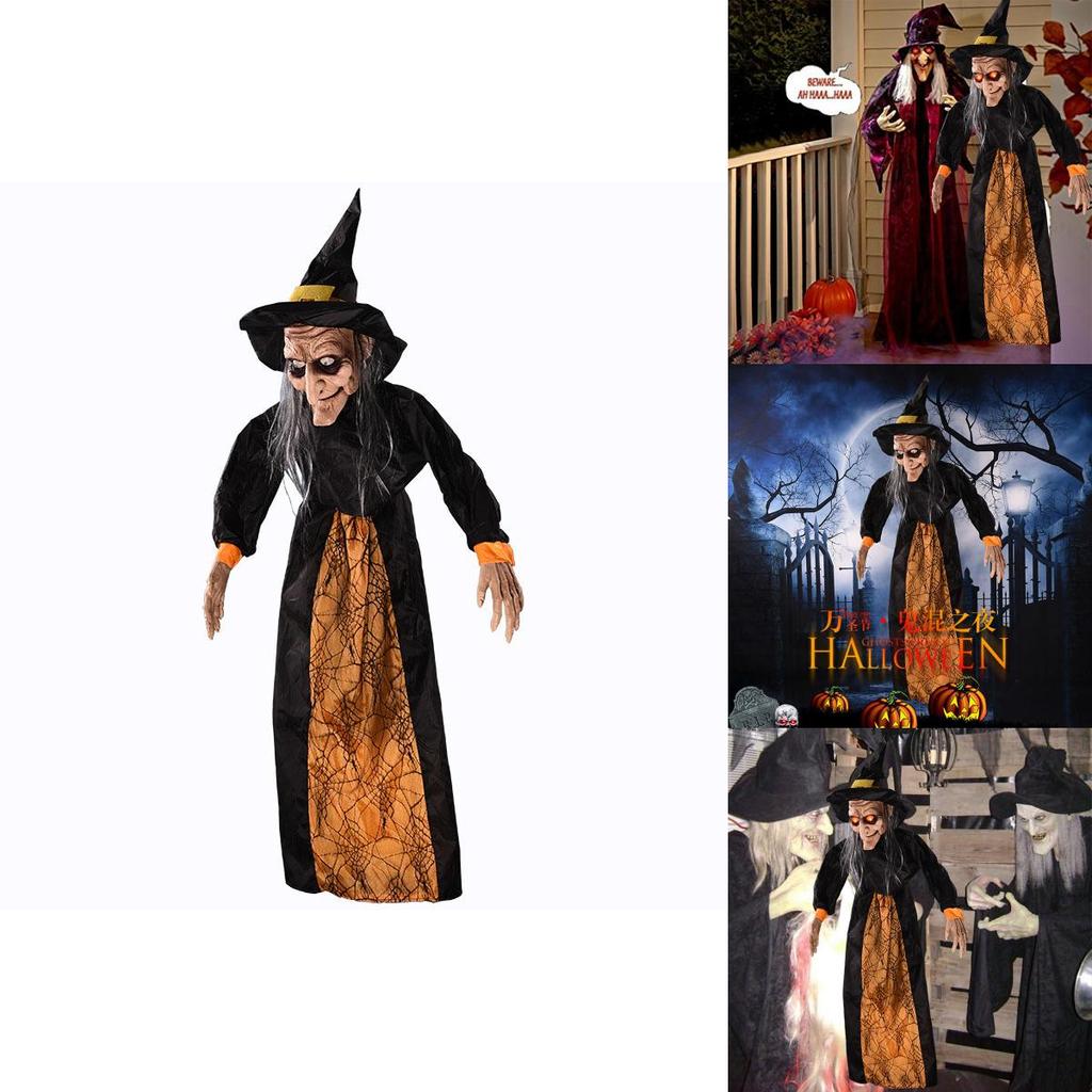 Creepy Life Size Witch Halloween Prop With Wrinkled Face And Silver Grey Hair