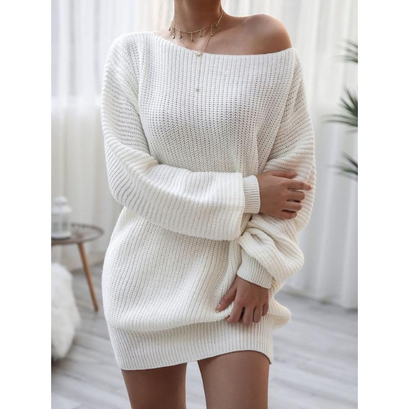 2025 New Autumn Winter Solid Color Loose Woolen Dress Long Sleeve Slash Neck Casual Knitted Mini Dresses