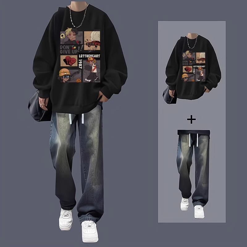 Men's Trendy Autumn/Winter Sweatshirt & Jeans Two-Piece Set for Teen Students
