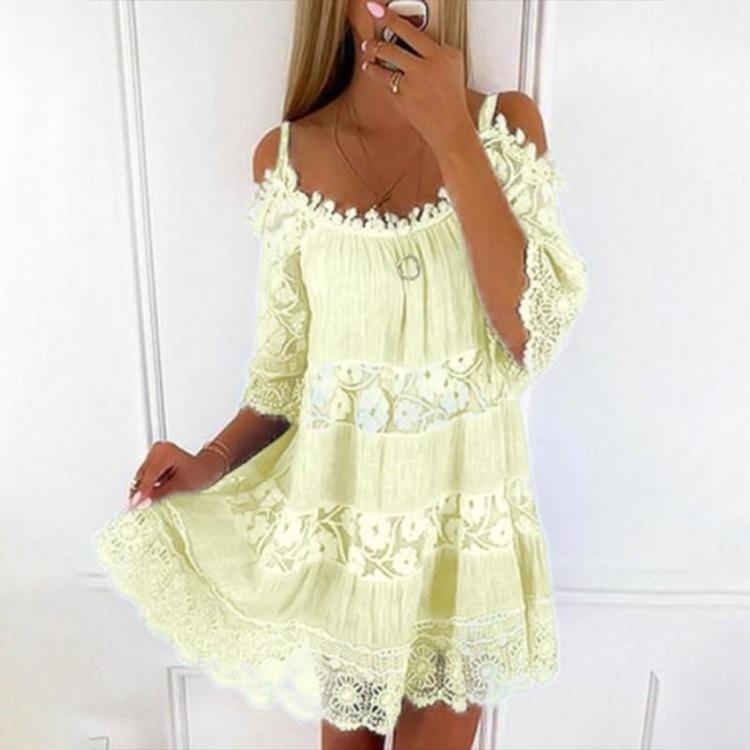 Sommer Strandkleid Cold Shoulder Minikleid Damen Stickerei Häkelspitze Rundhalsausschnitt Halbe Ärmel Lockerer Schnitt Mittlere Taille
