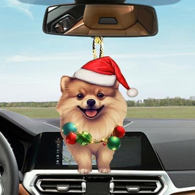 Vánoční pes Zpětné zrcátko Přívěsek Auto Ornament Dekorace Roztomilé štěně na vánoční čepici Vánoční ozdoby na stromeček Autodoplňky