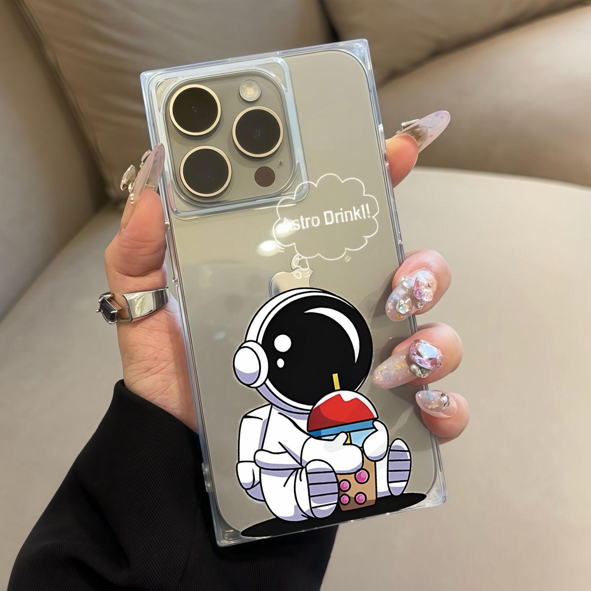 

Square Back Tube Protection Clear Case For iPhone 12 13 14 Pro Max 15 Plus 11 16 ProMax Anti-Oxygen,Drinking Milk Tea, Astronaut Pattern Casing iphone 11 ProMax