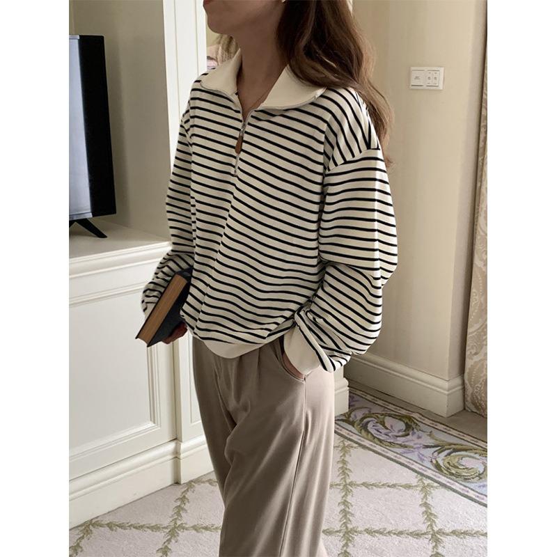 Contrasting striped sweater women's spring loose long-sleeved bottoming shirt large size zipper lo lapel top