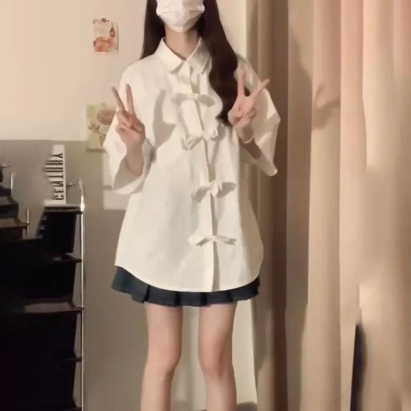 Summer New Chinese Style Shirt for Women Loose Slim Fashion Versatile Solid Color Bow Short Sleeved Tops Women's Turn-down Collar Blouses