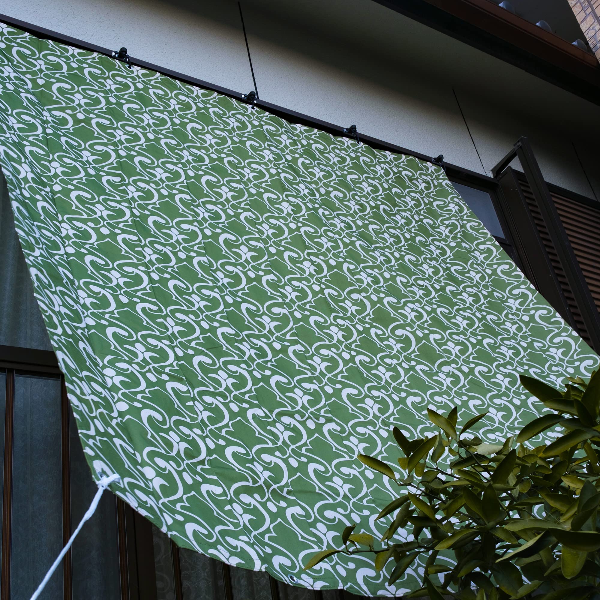 

Mizukan Seirensho Sunshade for Balconies and Verandas, Approximately 200cm Wide x 300cm Long, Ornamental Pattern, Green, PU Coated, UV Protection
