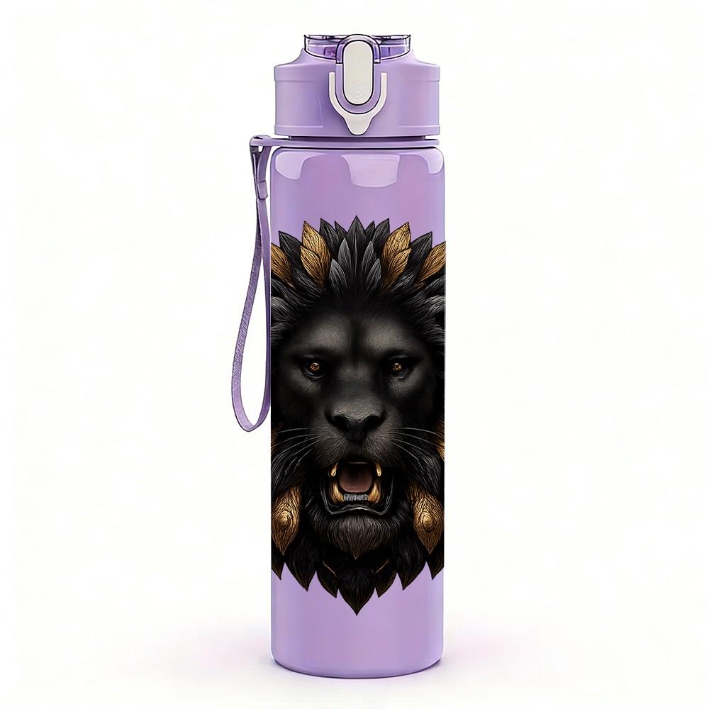 1PC Dark Lion Head Portrait 750ml Color Plastic Sports Water Bottle Leakproof Flip Straw Lid Suitable for Sports Office Home Use