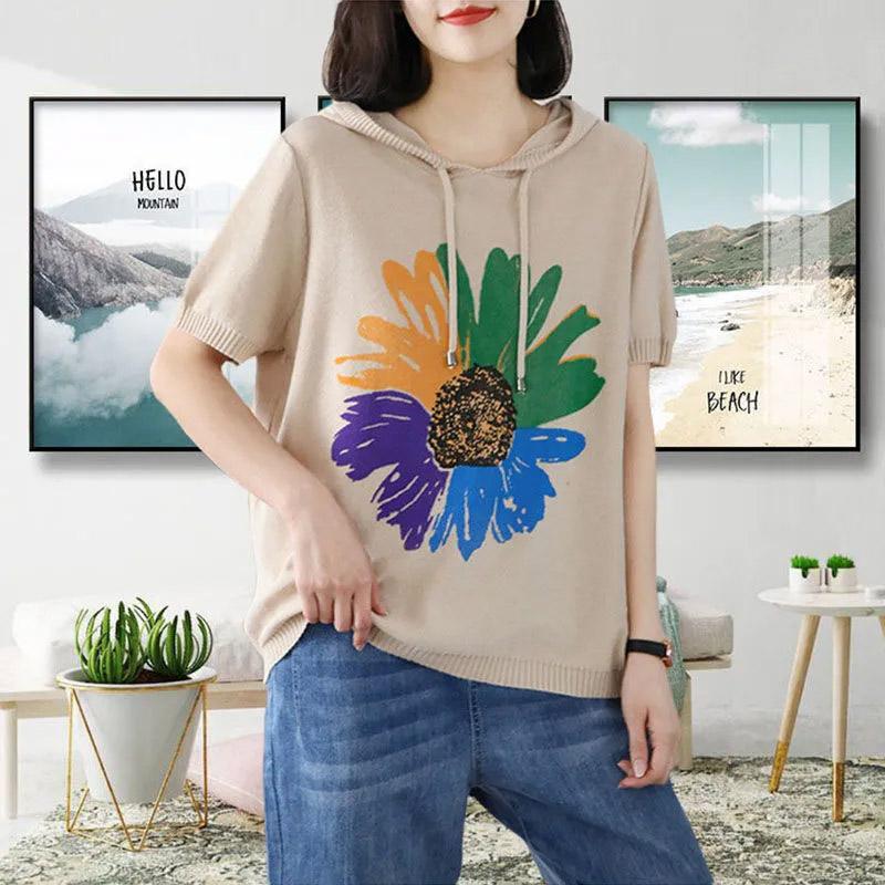 T-shirt for Women Summer Large Size Cotton Hooded Knit Short Sleeve Top Soft Loose Casual Comfortable Pullover T-shirt Top