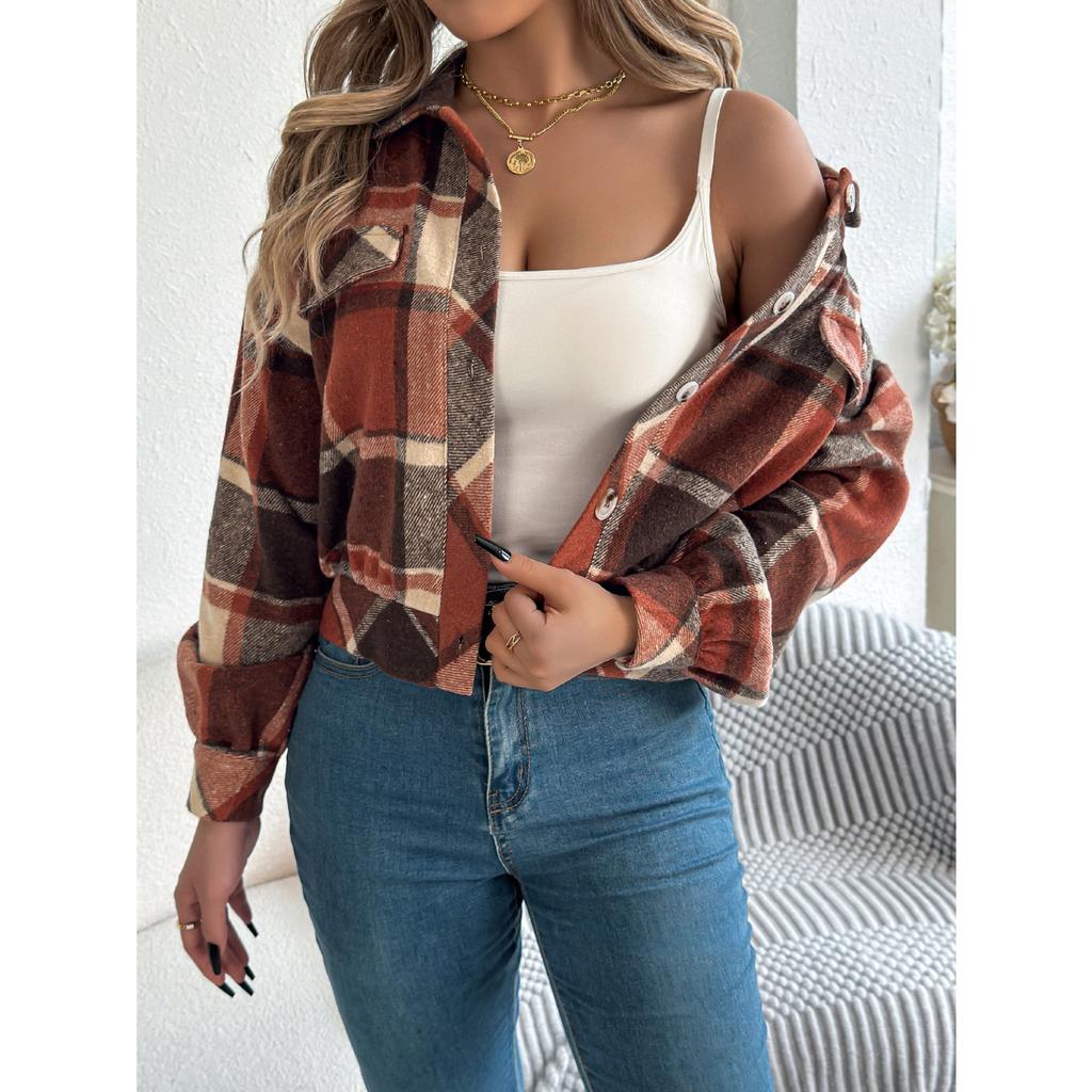QICED Autumn and Winter Casual Checkered Fake Pocket Long-sleeved Woolen Jacket for Women's Wear