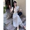 Lace-up bubble sleeve polka dot dress women's summer new ruffle leaf edge waist thin chic temperament long dress