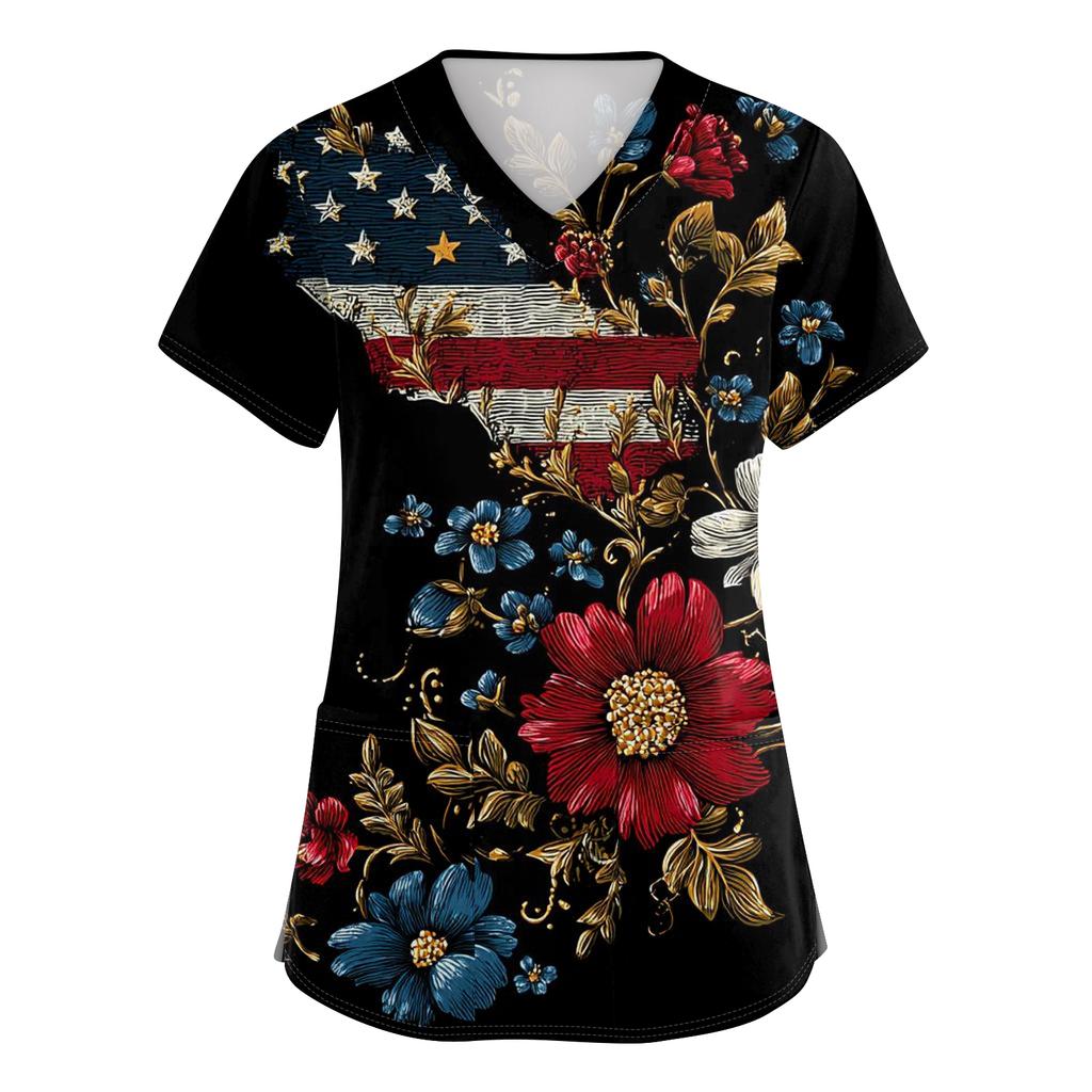 Women's V-neck Independence Day print short-sleeved pocket side-opening protective work shirt
