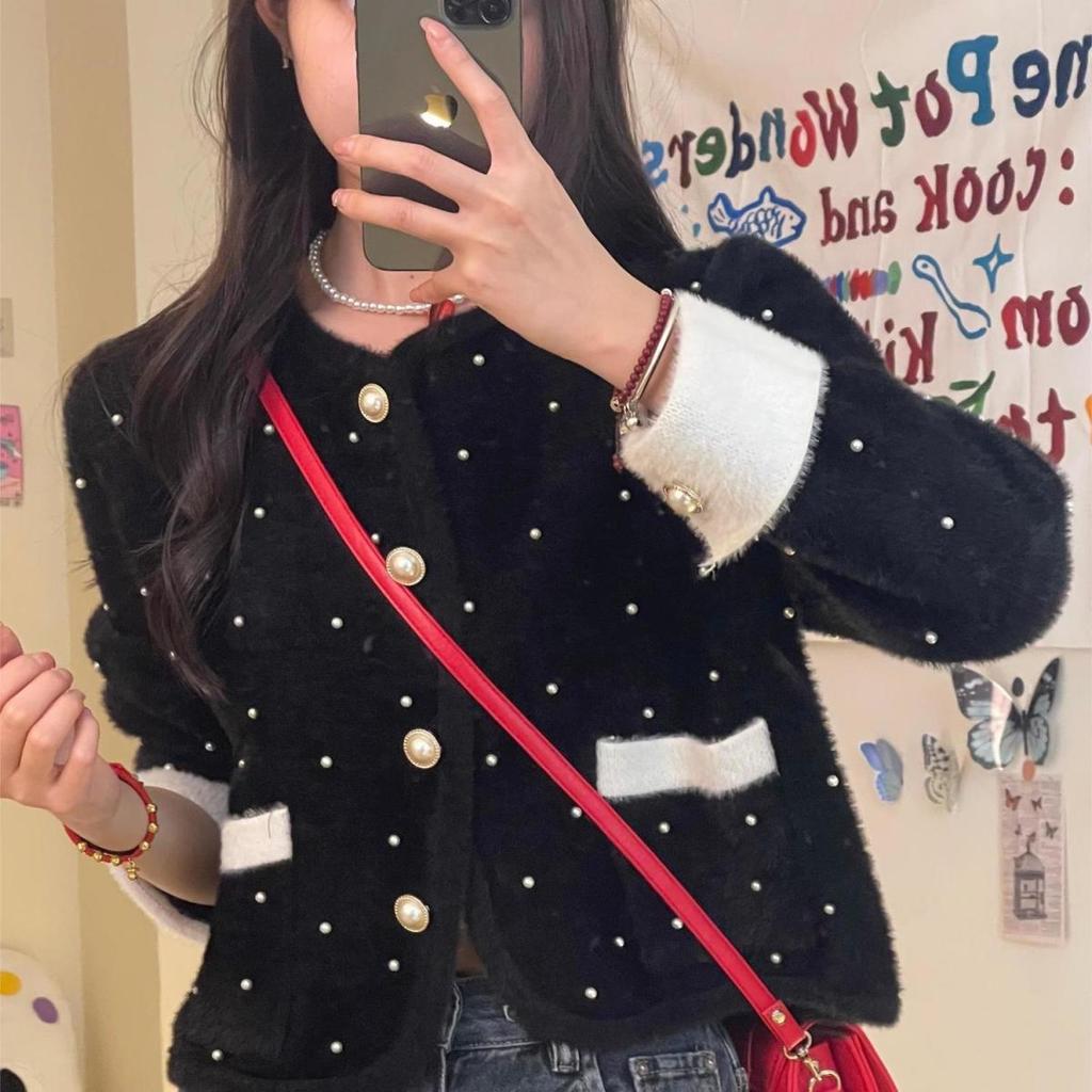 Women's Short Faux Mink Fur Cardigan Jacket Autumn Winter French Niche Top Sweater Coat