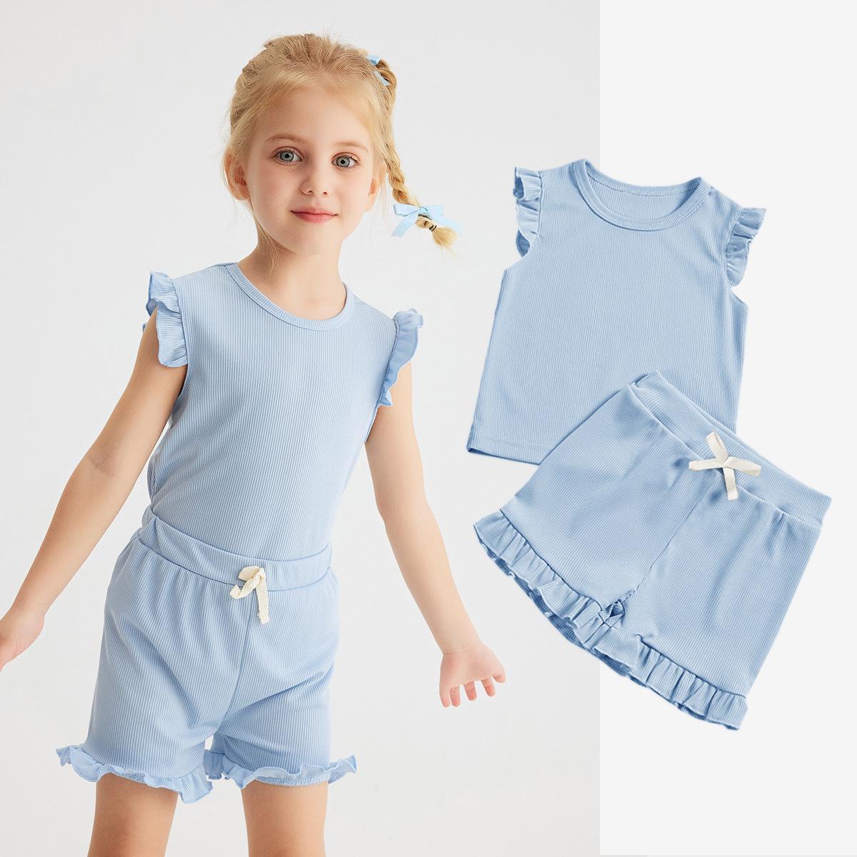 

Girls Summer Puff Sleeve Short Set - Solid Color, 100% Polyester 80cm (1 Year) светло-синий