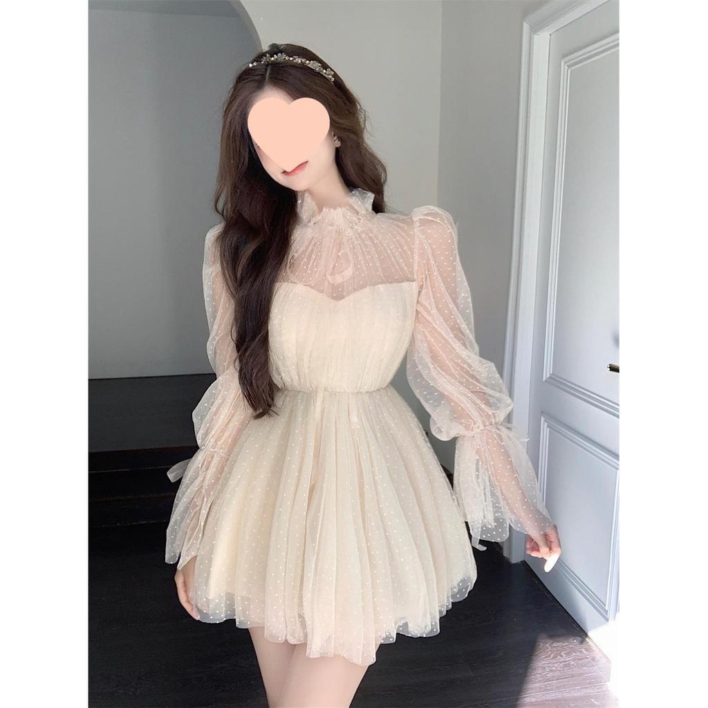 Damen trägerloses gepunktetes Mesh Langarm Puffkleid - Schlankmachende Taille, Frühling/Herbst Mode