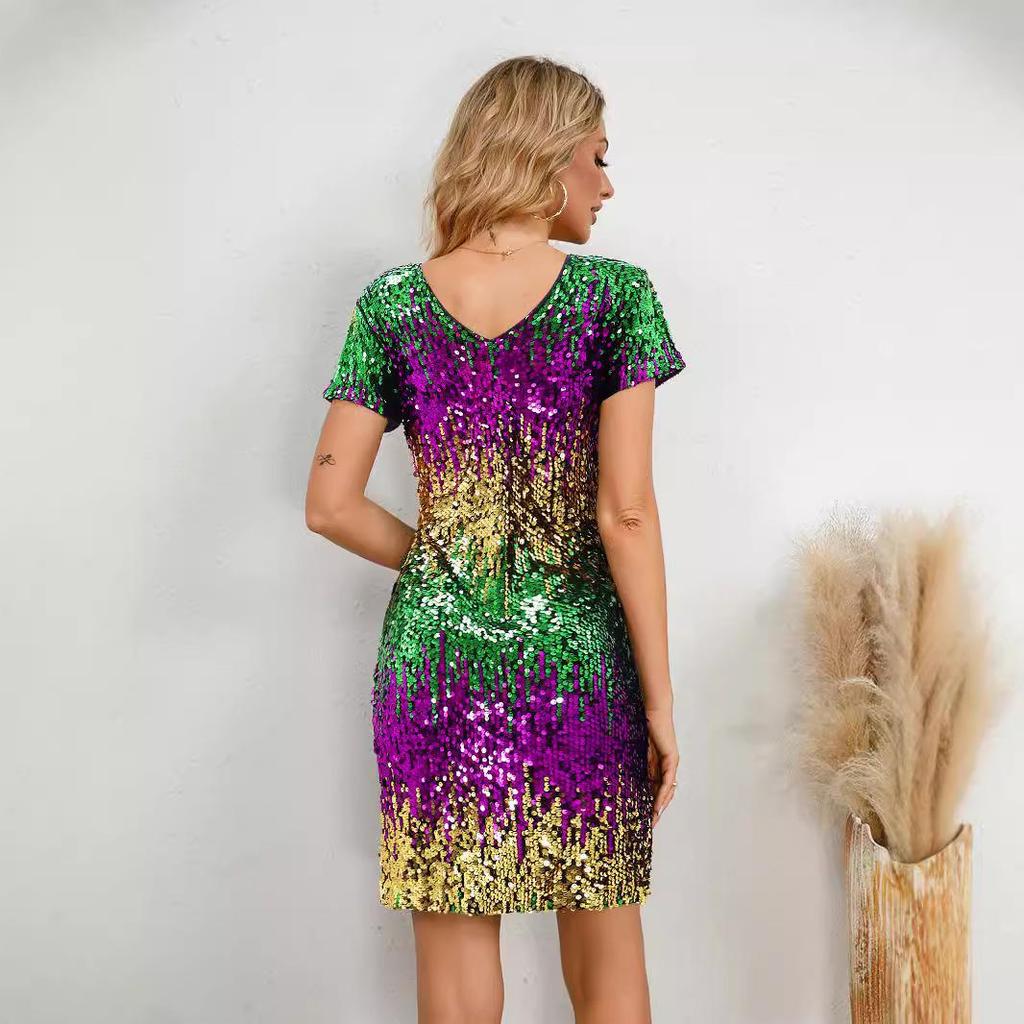 10542 European & American Gradient Sequin V-neck Backless Mini Party Dress