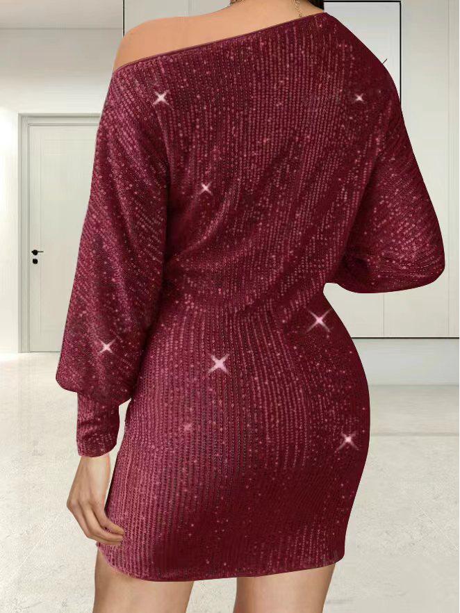 2024 Spring/Summer Women's One-Shoulder Sequin Midi Dress with Long Sleeves