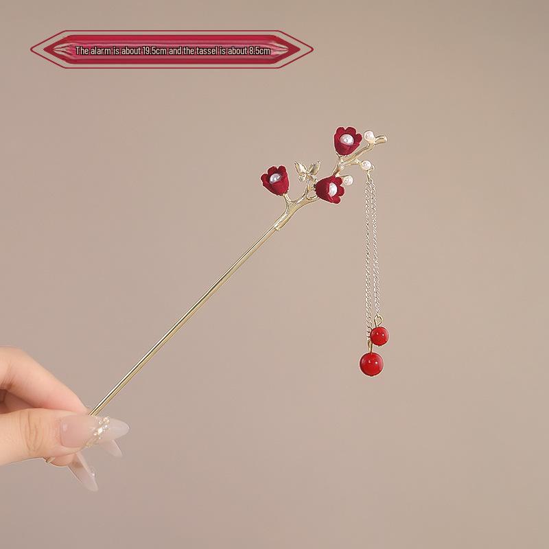 

Заколка для волос с кисточкой в китайском стиле с красным цветком для женщин