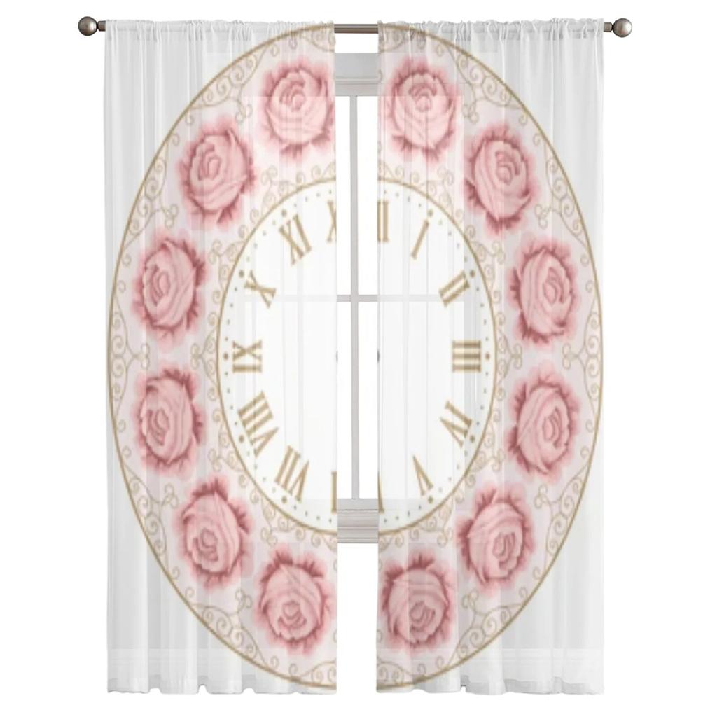 Vintage hodiny Barevné růže Průhledné závěsy Do okna obývacího pokoje Průhledný voálový tyl Závěsy do ložnice Domácí dekorace