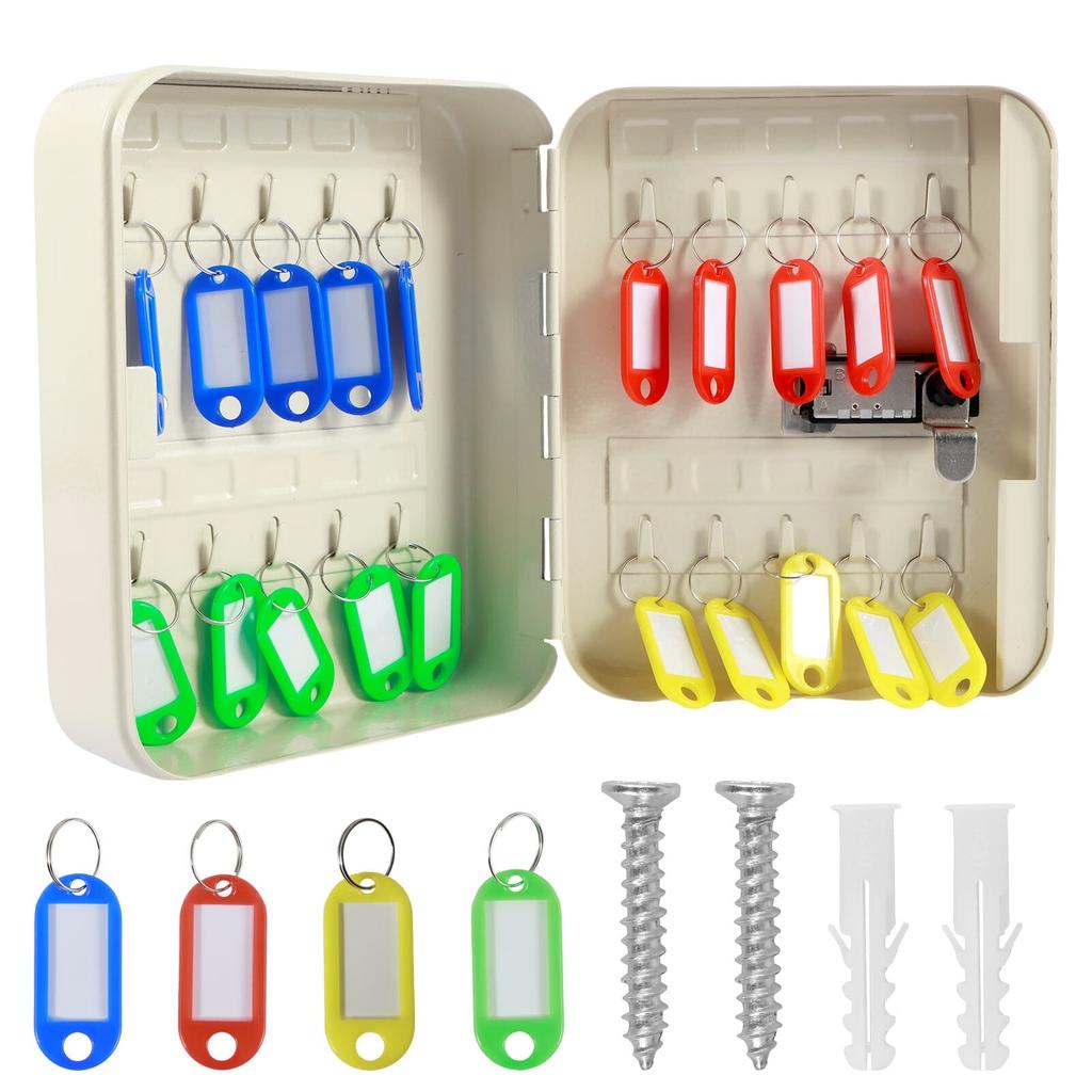 3-Digit Combination Lock Box for Wall Mounting with 20 Key Hooks, White