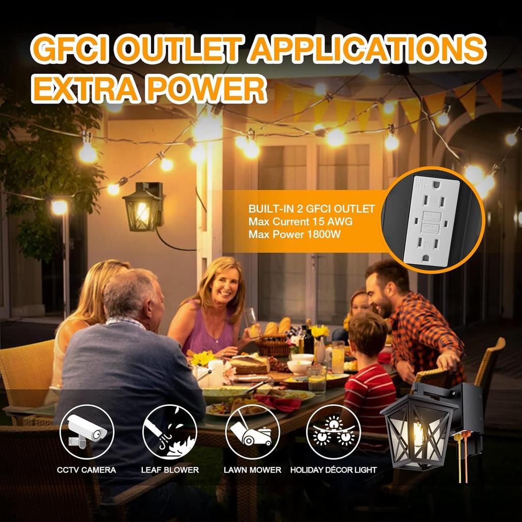 Dusk to Dawn Outdoor Lights with Built-in Sockets, Waterproof and Rustproof Aluminum Outdoor Lights with GFCI Sockets