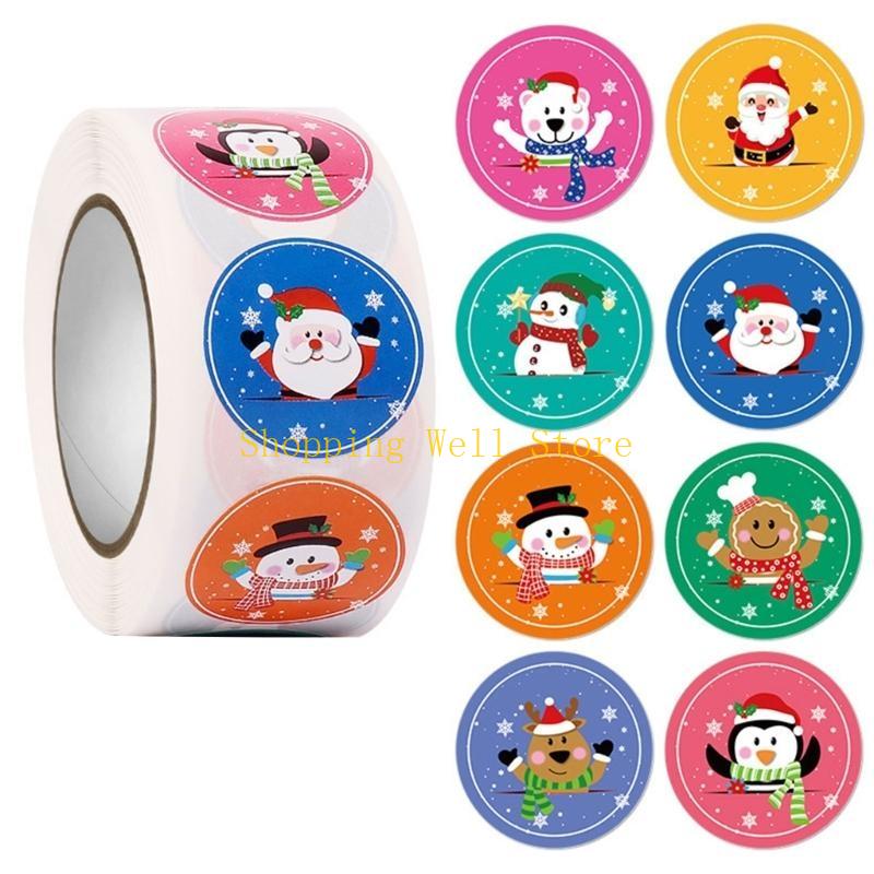 KX4B 500pcs/roll Merry Christmas Stickers Round Adhesive Christmas Theme Seal Labels