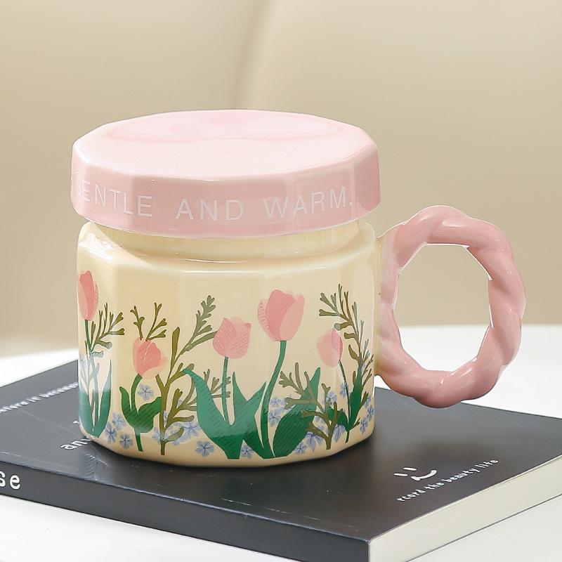 Flower Ceramic Mug with Lid High Value Water Cup Home Coffee Cup Office Birthday Gift Female Souvenir