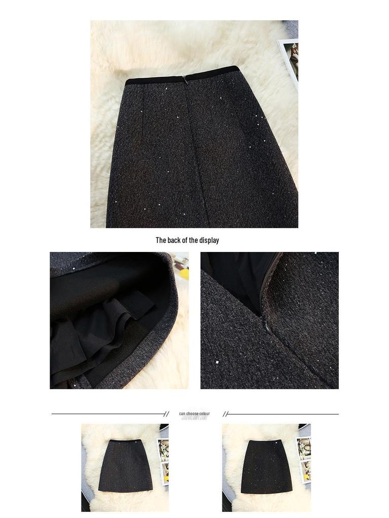 Gonna a Linea ad A con Paillettes in Misto Lana Taglie Forti, Vita Alta, Anti-Esposizione, che Segue le Curve, per Primavera/Autunno