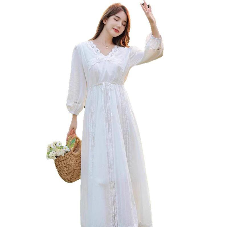 French White Dress Spring Dress Women's New Waist and Thin Temperament Gentle Wind Seaside Vacation Skirt