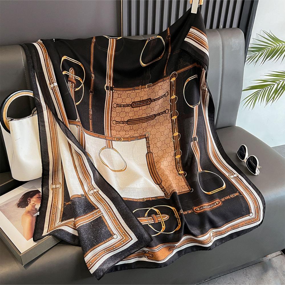 180x85cm Chain Print Scarf - Women's Autumn/Winter Cotton Hemp Warmth-Supportive Sun Protection Wraparound Neck Cover