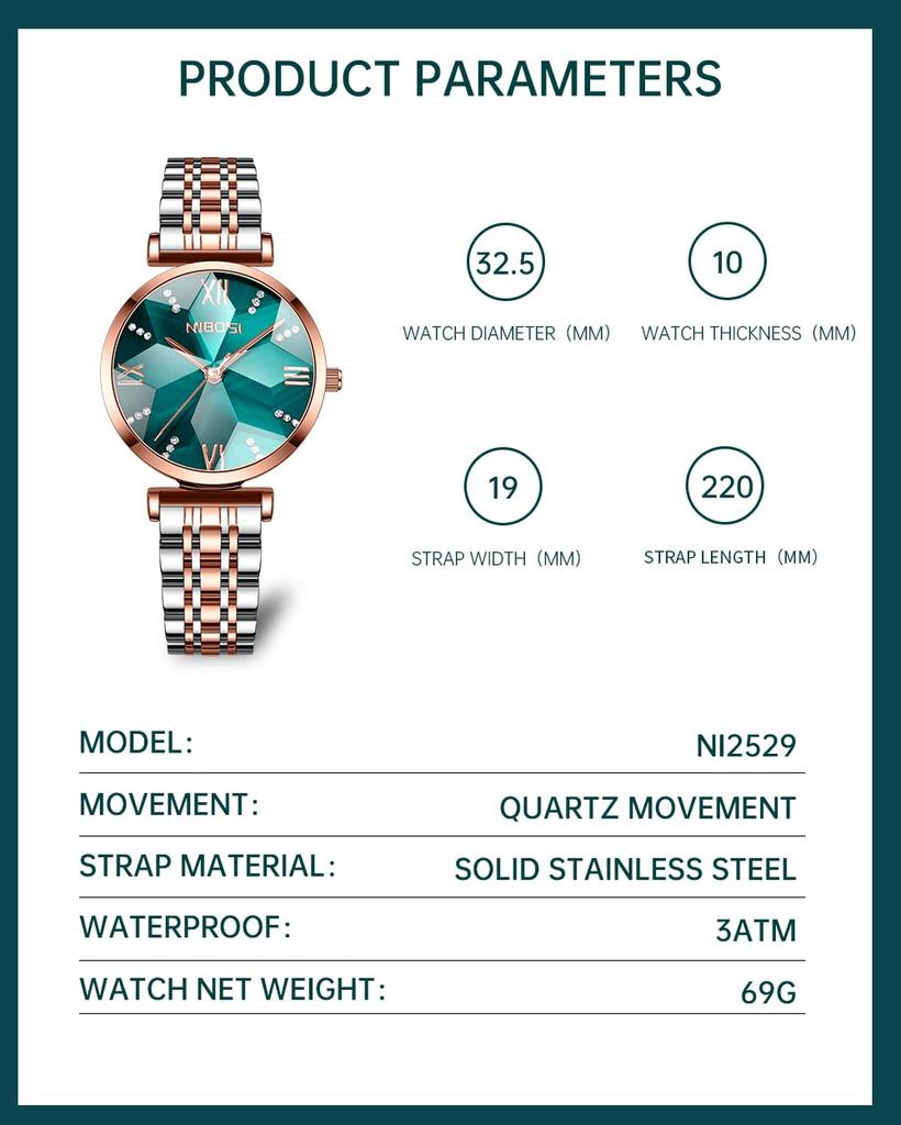 Stylish Arm Analog Stainless Present for Green Watch for Women NIBOSI Women's Watch, Watch, Re-Ease, Waterproof, Quartz, Brand, Casual, Business,