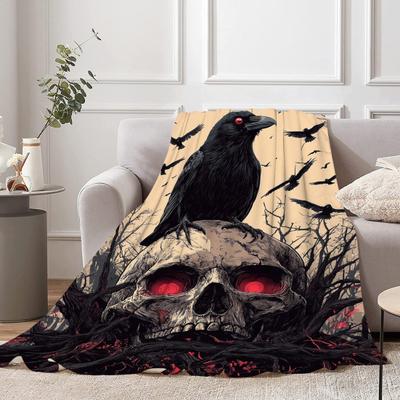 Couverture Flamboyante Gothique Œil Rouge Sinistre Crâne Corbeau Jeté de Canapé Couverture Douillette Lavable pour Hommes Femmes Garçons Filles Utilisation sur Canapé Canapé Lit