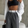 High Waist Button Zipper Fly Suit Pants Pockets Draped Full Length Office Lady Straight Wide Leg Trousers
