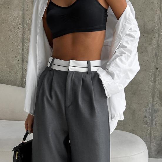 High Waist Button Zipper Fly Suit Pants Pockets Draped Full Length Office Lady Straight Wide Leg Trousers