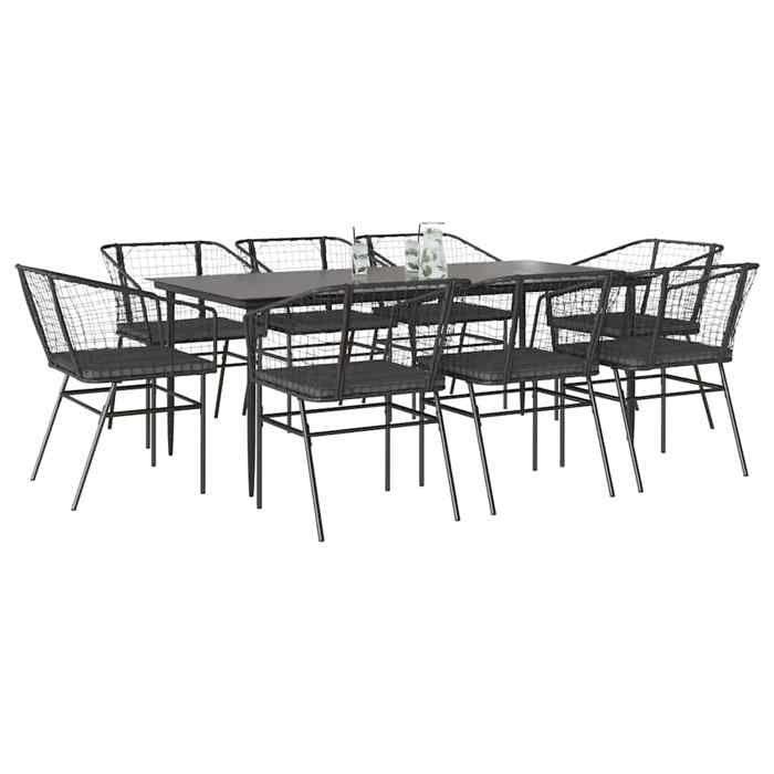VidaXL Ensemble à manger de jardin coussins 9pcs noir poly rotin verre 3334505
