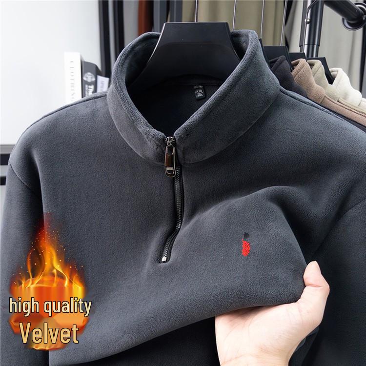 Men s Half-Zip Velvet Hoodie - Versatile Stand Collar Outerwear for Autumn & Winter XXL